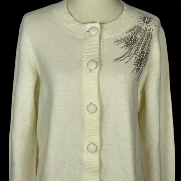 Talbots Rhinestone Ivory Cardigan Sz L Holiday Event Cozy Luxe Sparkle Dazzle - Picture 2 of 8